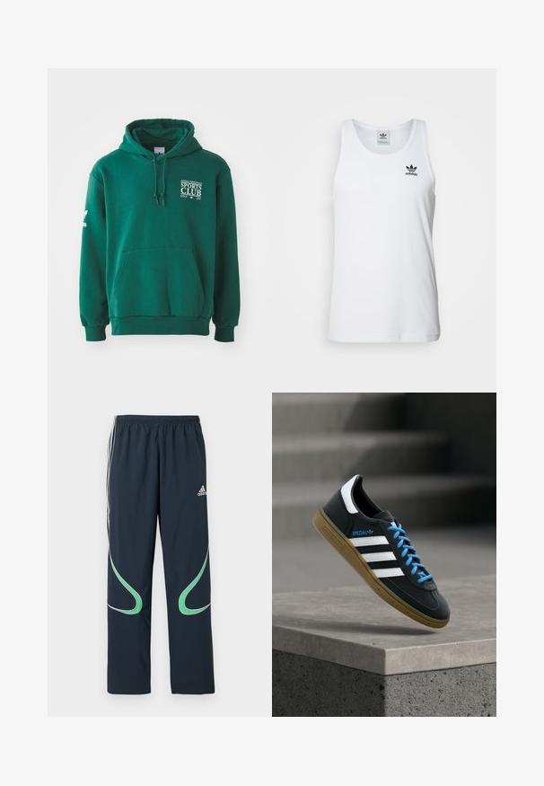 Grüne Kapuzenjacke aus weichem Stoff, mit Kängurutasche, Zugbandkapuze und weißer Textmarkierung auf der Brust und dem Ärmel.; Weißes geripptes Tanktop mit Rundhalsausschnitt, schwarzem Adidas-Logo auf der linken Brust und ohne Ärmel. Weiches Baumwollmaterial, lässige Passform.; Marineblaue Jogginghose aus leichtem Stoff, mit weißen Streifen an den Seiten und grünen geschwungenen Akzenten. Elastischer Bund für zusätzlichen Komfort.; Schwarzer Adidas-Sneaker mit weißen Streifen, blauen Schnürsenkeln und Gummisohle, der über einer grauen Betontreppe im weichen Licht schwebt.
