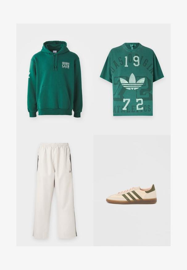 Zelená mikina z mäkkej látky, ktorá má klokanie vrecko, kapucňu so šnúrkami a biely text s logom na hrudi a rukáve.; Zelené nadmerné tričko s logom Adidas, veľkými číslami „109“ a „72“ a vyblednutým textom „Adidas Originals Athletics“ na prednej strane.; Svetlo béžové športové nohavice s elastickým pásom, bočnými vreckami, čiernymi postrannými pruhmi a logom Adidas na ľavom stehne. Hladká textúra látky.; Nízky béžový tenisky Adidas Spezial so zelenými pruhmi, gumovou podrážkou a nápisom „SPEZIAL“ na boku, zobrazené z vonkajšej strany.