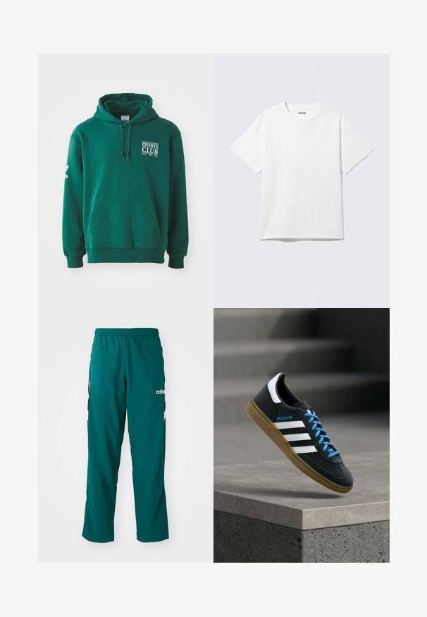 Grüne Kapuzenjacke aus weichem Stoff, mit Kängurutasche, Zugbandkapuze und weißer Textmarkierung auf der Brust und dem Ärmel.; Weißes T-Shirt mit kurzen Ärmeln und Rundhalsausschnitt, flach liegend, schlichtes Design, mit „WEEKDAY“-Etikett innen im Kragen auf hellem Hintergrund.; Grüne Sporthose aus leichtem Material, mit elastischem Bund, seitlichen Taschen und weißem Adidas-Logo auf der linken Seite.; Schwarzer Adidas-Sneaker mit weißen Streifen, blauen Schnürsenkeln und Gummisohle, der über einer grauen Betontreppe im weichen Licht schwebt.