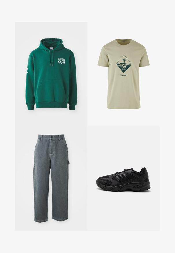 Grüne Kapuzenjacke aus weichem Stoff, mit Kängurutasche, Zugbandkapuze und weißer Textmarkierung auf der Brust und dem Ärmel.; Helles khakifarbenes Baumwoll-T-Shirt mit einem Diamantgrafik, die eine Palme, Wasser und das Wort "FORVERT" in dunklem Grün unter dem Design zeigt.; Dunkelgraue gerade Arbeitshosen mit Gürtelschlaufen, vorderem Knopf und Reißverschluss, Seitentaschen und einer Hammer-Schlaufe am rechten Bein.; Schwarze Sportschuhe mit einer Kombination aus atmungsaktivem Mesh und synthetischen Materialien. Auffällige strukturierte Sohle und drei schwarze Streifen an der Seite.