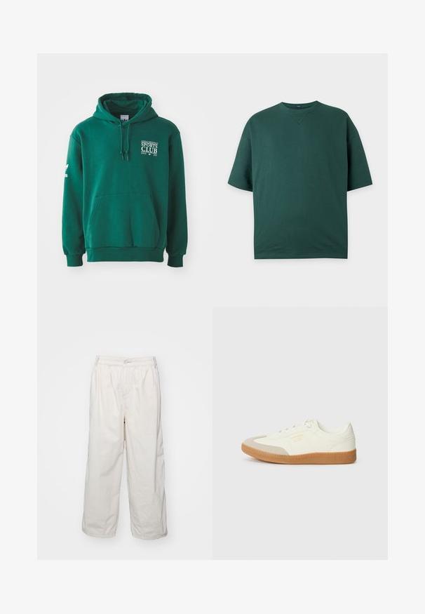Grøn hættetrøje lavet af blødt stof, med en kengurulomme, snørehætte og hvid tekstbranding på brystet og ærmet.; Mørkegrøn kortærmet t-shirt med rund hals, løs pasform og synlig syning ved halsudskæringen på en ensfarvet baggrund.; Hvide bomulds bukser med brede ben og elastisk talje, med en frontknaplukning og sidelommer. Glat tekstur og minimalistisk design.; Sneaker lavet af hvid læder med en beige tåhætte og let brunt gummisål. Har flade hvide snørebånd og prægede branding på siden.