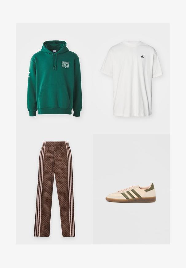 Grüne Kapuzenjacke aus weichem Stoff, mit Kängurutasche, Zugbandkapuze und weißer Textmarkierung auf der Brust und dem Ärmel.; Weißes Baumwoll-T-Shirt mit kurzen Ärmeln, Rundhalsausschnitt und kleinem schwarzem Adidas-Logo auf der linken Brust. Weicher Stoff, lässige Passform.; Braune Jogginghose mit hellrosa vertikalen Streifen an den Seiten und einem sich wiederholenden Blattmuster überall, elastischer Bund, gerade Beinform.; Flacher, beigefarbener Adidas Spezial Sneaker mit grünen Streifen, Gummisohle und "SPEZIAL" Schriftzug an der Seite, von der Außenseite gezeigt.