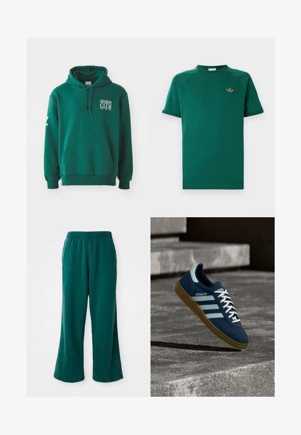 Groene hoodie van zacht materiaal, met een buidelzak, verstelbare capuchon en witte tekstbranding op de borst en mouw.; Groen Adidas T-shirt met korte mouwen en ronde hals, goudkleurig trefoil-logo op de borst, en witte strepen met groene randen langs de schouders.; Groene, wijde sweatpants met een zachte textuur, voorzien van een elastische tailleband en zijzakken. Duurzaam stof met een relaxte pasvorm.; Blauwe Adidas Spezial sneaker met witte strepen en veters, gumzool, zwevend boven een ruwe betonnen oppervlakte en trappen op de achtergrond.