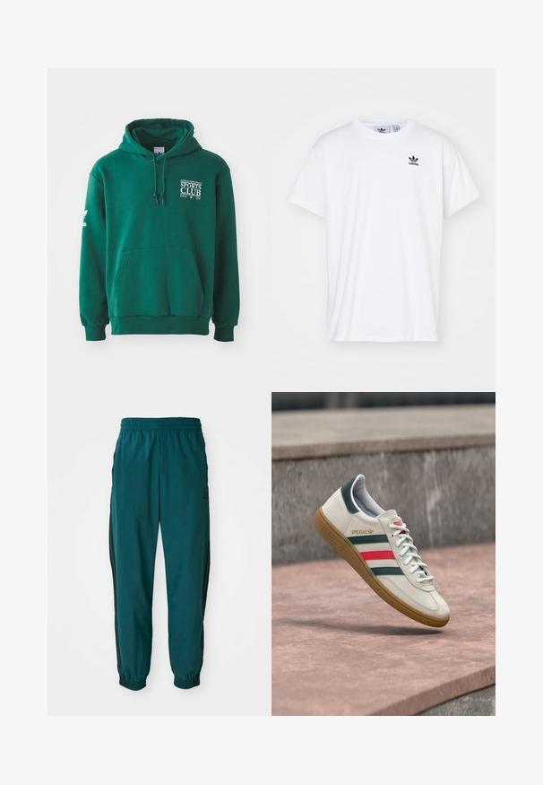 Sudadera verde hecha de tela suave, con un bolsillo canguro, capucha con cordón y un logotipo en texto blanco en el pecho y la manga.; Camiseta blanca de algodón con mangas cortas, escote redondo y un logo negro de Adidas con tres franjas en la zona del lado izquierdo del pecho.; Pantalones deportivos en color verde azulado con cintura ajustable por cordón, puños elásticos y rayas negras en los lados. Fabricados con un tejido ligero, presentan un logo cerca de la cadera.; Zapatilla blanca Adidas con franjas verdes y rojas, suela de goma y marca "SPEZIAL" flotando sobre pavimento de piedra.