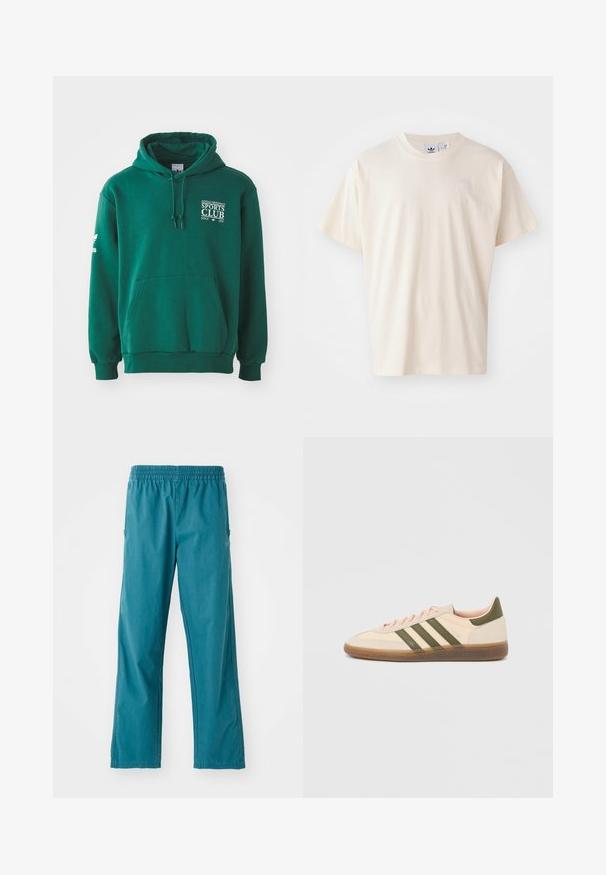 Sudadera verde hecha de tela suave, con un bolsillo canguro, capucha con cordón y un logotipo en texto blanco en el pecho y la manga.; Camiseta de algodón color crema con cuello redondo y mangas cortas; presenta un pequeño logo de color claro en el pecho.; Pantalones de color verde azulado hechos de un tejido ligero, con cinturilla elástica y un corte recto con bolsillos laterales.; Zapatilla Adidas Spezial beige de perfil bajo con rayas verdes, suela de goma y la marca "SPEZIAL" en el lateral, vista desde el lado exterior.