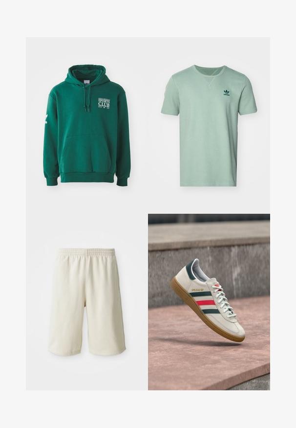 Grøn hættetrøje lavet af blødt stof, med en kengurulomme, snørehætte og hvid tekstbranding på brystet og ærmet.; Kortærmet mintgrøn t-shirt med et tekstureret mønster, rund hals og mørkegrøn adidas-logo på venstre bryst.; Lys beige træningsshorts med elastisk talje, glat tekstur og diskret logo-detalje på venstre side forneden. Ingen lommer.; Hvid Adidas sneaker med grønne og røde striber, gummisål og "SPEZIAL" branding, der svæver over stensat belægning.