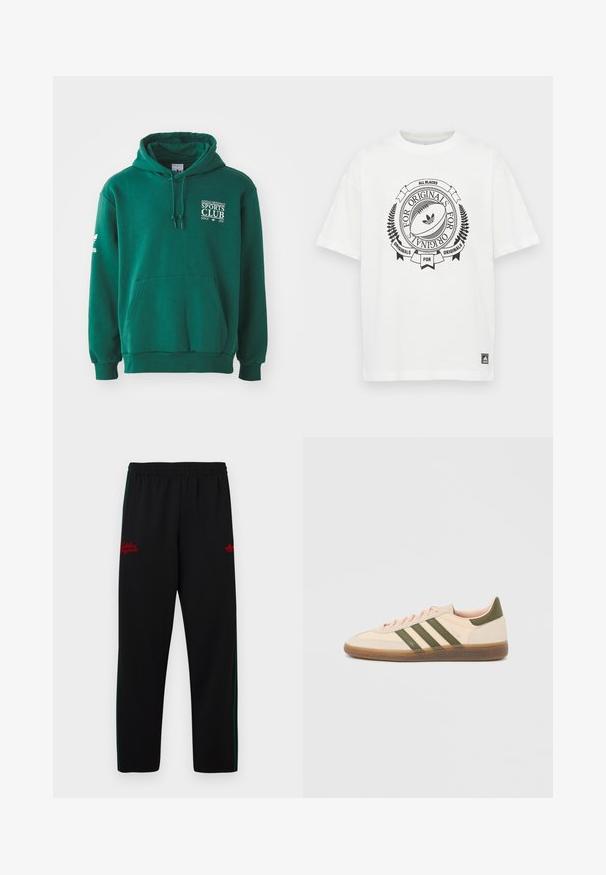 Sudadera verde hecha de tela suave, con un bolsillo canguro, capucha con cordón y un logotipo en texto blanco en el pecho y la manga.; Camiseta de algodón blanca con cuello redondo y mangas cortas. Presenta un diseño gráfico negro que incluye una pelota de rugby y texto.; Pantalones deportivos negros con cintura elástica, franjas verdes a los lados y logotipo bordado en rojo en ambos lados. Material liso y ligero.; Zapatilla Adidas Spezial beige de perfil bajo con rayas verdes, suela de goma y la marca "SPEZIAL" en el lateral, vista desde el lado exterior.