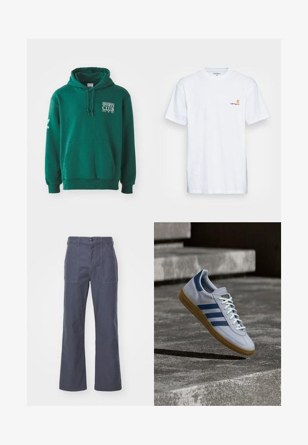 Sudadera verde hecha de tela suave, con un bolsillo canguro, capucha con cordón y un logotipo en texto blanco en el pecho y la manga.; Camiseta de algodón blanca de manga corta. Diseñada con un pequeño logotipo naranja y marrón en el lado izquierdo del pecho. Presenta un cuello redondo clásico.; Pantalones de pierna ancha en gris oscuro, fabricados en algodón. Con dos bolsillos delanteros y cierre de botón. Textura suave con un diseño casual.; Zapatilla Adidas Spezial azul claro con rayas azul marino y suela de goma, mostrada en el aire sobre escalones de hormigón en un entorno exterior neutral.