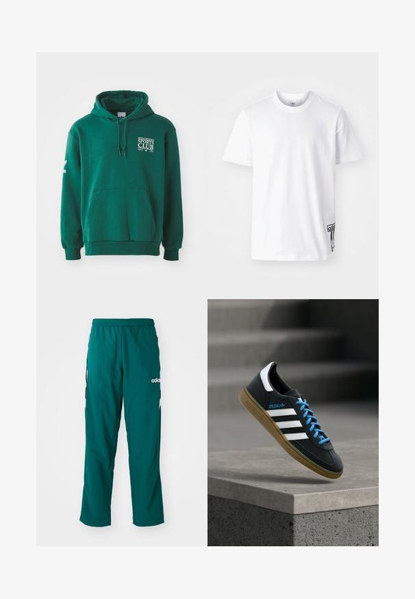 Sudadera verde hecha de tela suave, con un bolsillo canguro, capucha con cordón y un logotipo en texto blanco en el pecho y la manga.; Camiseta de algodón blanca de manga corta, con cuello redondo y un parche del logo de Adidas en negro en la parte inferior izquierda. Textura suave.; Pantalones deportivos verdes hechos de tela ligera, con una cinturilla elástica, bolsillos laterales y el logo blanco de Adidas en el lado izquierdo.; Zapatilla negra Adidas con franjas blancas, cordones azules y suela de goma flotando sobre un escalón de hormigón gris con luz suave.