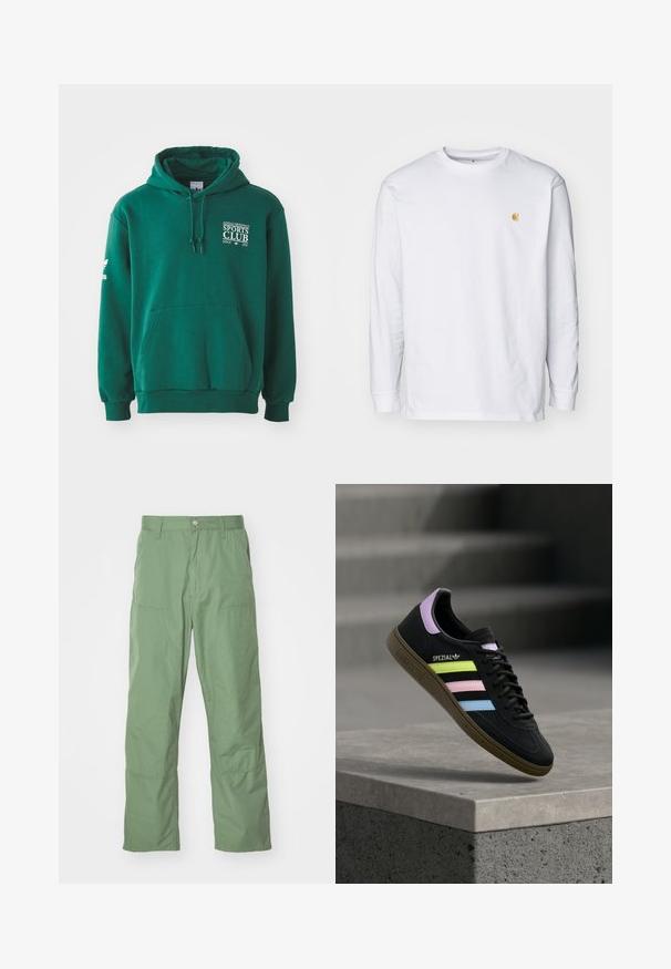 Grøn hættetrøje lavet af blødt stof, med en kengurulomme, snørehætte og hvid tekstbranding på brystet og ærmet.; Hvid langærmet t-shirt lavet af bomuld. Har et lille gyldent logo på brystet og en rund halsudskæring. Enkel design og standard pasform.; Lysgrønne, afslappede bukser med en glat tekstur, der har sidelommer og synlige syninger. Hel længde med et lige ben-design.; Sort Adidas Spezial sneaker med pastelgule, pink og blå striber, lavendel hælstrop og brun sål, svævende over betonforkant.
