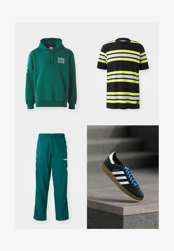 Zelená mikina z mäkkej látky, ktorá má klokanie vrecko, kapucňu so šnúrkami a biely text s logom na hrudi a rukáve.; Čierne tričko s vodorovnými pruhmi v neonovo žltej, bielej a čiernej farbe. Má okrúhly výstrih a logo Adidas v dolnom ľavom rohu.; Zelené športové nohavice vyrobené z ľahkej tkaniny, s elastickým pásom, bočnými vreckami a bielym logom Adidas na ľavej strane.; Čierna teniska Adidas s bielymi pruhmi, modrými šnúrkami a gumovou podrážkou, ktorá sa vznáša nad sivým betónovým schodom v mäkkom svetle.