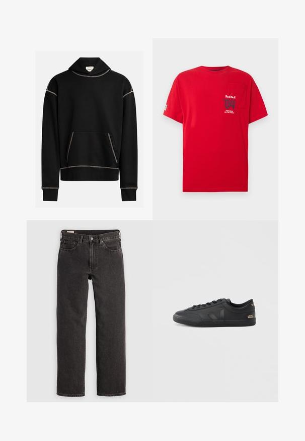Haut noir à capuche avec des coutures blanches apparentes, poche kangourou à l'avant, et une étiquette à l'intérieur de la capuche portant l'inscription "REBEL".; T-shirt rouge à manches courtes avec poche poitrine et petit imprimé "Red Bull '04 Precision on the Track" sur la partie gauche avant.; Jeans en denim noir avec une coupe droite, cinq poches et des tringles métalliques. Le tissu présente une légère texture et une finition unie.; Baskets en cuir noir avec une surface texturée, bout arrondi, fermeture à lacets et un marquage discret sur le côté et le talon.