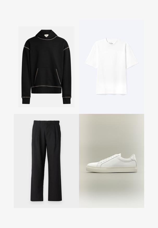 Haut noir à capuche avec des coutures blanches apparentes, poche kangourou à l'avant, et une étiquette à l'intérieur de la capuche portant l'inscription "REBEL".; T-shirt blanc uni à manches courtes et col rond avec une coupe décontractée, présenté sur un fond clair.; Jack & Jones Classic Wide Leg Fit - Pantalon classique - black; Baskets blanches basses à lacets sur l’avant et semelle épaisse, vues de côté sur un fond neutre.