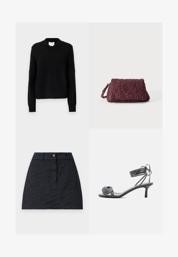 Pull noir en V en tissu tricoté texturé, doté de manches longues et de poignets côtes, avec une silhouette décontractée et une étiquette de logo dans le décolleté.; Jupe noire à motif texturé, dotée d'une fermeture à boutons sur le devant, de deux poches et d'une coupe ajustée. Fabriquée en tissu durable.; Sandale à talon en cuir gris avec une bride nouée sur les orteils et des lacets enroulants autour de la cheville, sur un talon moyen et fin, sur fond blanc.; Pochette en cuir texturé rouge foncé avec motifs de feuilles embossés et une bandoulière réglable sur un fond clair uni.