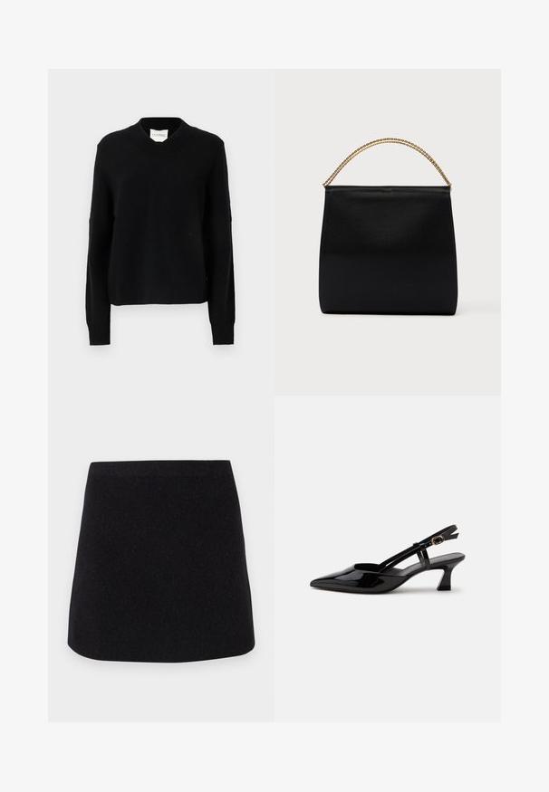 Zwarte v-hals trui gemaakt van gestructureerde breistof, met lange mouwen en ribgebreide manchetten, een ontspannen silhouet en een merketiket in de hals.; CLOSED A-lijn rok - black; Zwarte lakleren slingback kitten heel schoen met spitse neus en verstelbare gouden gespsluiting op een witte achtergrond.; Zwarte tas van gladde stof met een gestructureerde vorm, een handvat van gouden ketting en een minimalistisch geometrisch ontwerp.