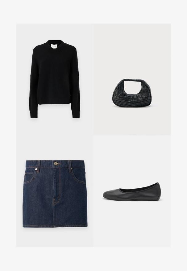 Pull noir en V en tissu tricoté texturé, doté de manches longues et de poignets côtes, avec une silhouette décontractée et une étiquette de logo dans le décolleté.; Jupe en denim bleu foncé avec des coutures orange clair, présentant un design à cinq poches, une fermeture avec bouton en métal et un ourlet droit.; Ballerines en cuir noir avec un bout rond, texture lisse, détails de couture minimalistes et design de semelle flexible.; Sac hobo tissé noir avec une structure souple et une poignée intégrée, présenté sur un fond clair uni.