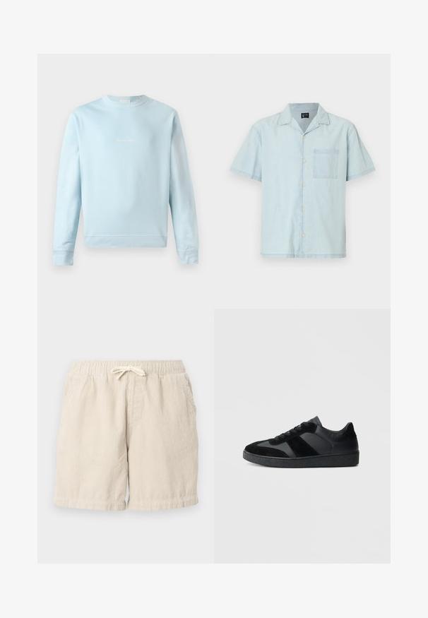 Hellblaue Sweatshirt aus weichem Baumwollstoff, mit Rundhalsausschnitt, gerippten Bündchen und einem kleinen, dezenten Logo auf der Vorderseite gestickt.; Helles blaues kurzärmliges Hemd aus leichtem Stoff, mit einem klassischen Kragen, Knöpfen vorne und einer linken Brusttasche.; Beige Cordshorts mit einem elastischen Bund und Kordelzug, ausgestattet mit Seitentaschen und einem strukturierten, gerippten Muster.; Schwarze Sneaker aus einer Mischung von glattem Leder und Wildleder, mit einer strukturierten schwarzen Gummisohle und dezenten Streifendetails.