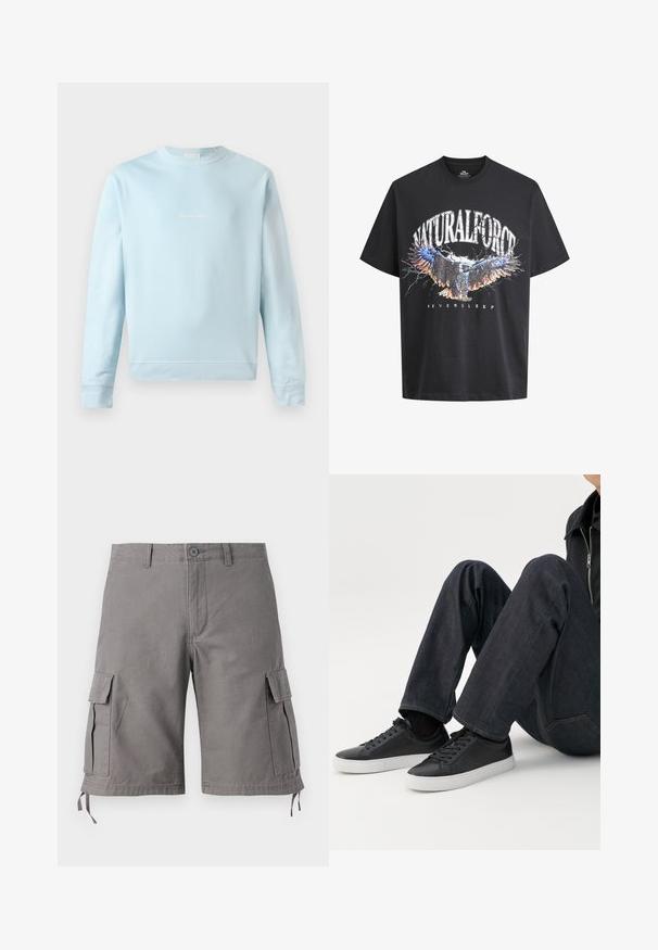 Lyseblå sweatshirt lavet af blødt bomuld, med en rund halsudskæring, ribbede manchetter og et lille, diskret logo broderet på fronten.; Sort bomulds T-shirt med et grafisk print af en ørn med flerfarvede accenter og teksten "NATURALFORCE" og "NEVERSLEEP." Korte ærmer.; Grå cargo shorts lavet af en bomuldsblanding. Har sidelommer, justerbare snore i kanten og en knaplukning.; Person siddende med bøjede ben, iført mørkeblå jeans og sorte lave sneakers med hvide såler på en hvid baggrund.
