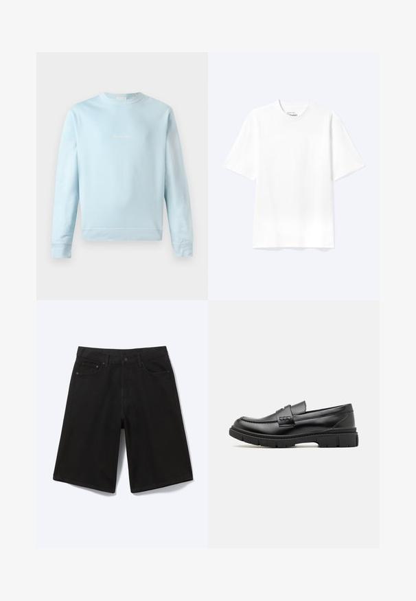 Hellblaue Sweatshirt aus weichem Baumwollstoff, mit Rundhalsausschnitt, gerippten Bündchen und einem kleinen, dezenten Logo auf der Vorderseite gestickt.; Schlichtes weißes T-Shirt mit kurzen Ärmeln und Rundhalsausschnitt in entspannter Passform, auf hellem Hintergrund dargestellt.; Schwarze knielange Jeansshorts mit Frontknopf, Gürtelschlaufen und fünf Taschen, dargestellt vor weißem Hintergrund.; Schwarze Lederloafer mit einem breiten Riemen über dem Rist, Gummisohle mit dicken Profilen und glatter Textur. Klassisches, schlankes Design.