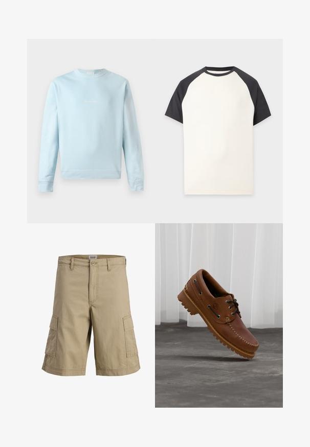 Lichtblauwe sweatshirt van zachte katoen, met een ronde hals, geribbelde mouwen en een klein, subtiel logo op de voorkant gestikt.; T-shirt met korte mouwen, wit lijf en zwarte raglanmouwen en halslijn op een effen achtergrond.; Beige cargoshort tot op de knie met knoop- en ritssluiting aan de voorkant en twee zijflapzakken.; Bruine leren bootschoen met zwarte veters, beige stiksel en een robuuste zool, zwevend boven een grijze betonnen vloer.