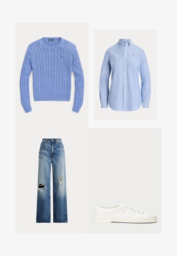 Hellblauer Pullover mit Zopfmuster, rundem Ausschnitt, gerippten Bündchen und Saum, mit einem kleinen gestickten Logo auf der Brust.; Hellblaues Hemd mit langen Ärmeln und Knopfleiste, Knopfkragen und kleinem gesticktem Logo auf der linken Brust.; Weitbeinige blaue Jeans aus Denim mit aufgerissenen Knien, hoher Taille, Knopfverschluss und klassischem Fünf-Taschen-Design.; Weiße Leinensneaker mit runder Zehenpartie, Schnürverschluss und dezentem Logodetail. Verfügt über ein strukturiertes Gewebe und eine Gummisohle.