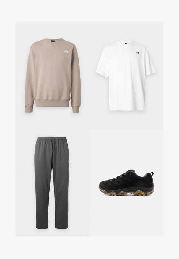 Beige huppari, joka on valmistettu puuvillasekoitteesta. Ominaisuuksiin kuuluu ribbaus kauluksessa, hihoissa ja helman ympärillä; vasemmassa etuosassa valkoinen logo. Klassinen rento malli.; Valkoinen puuvillainen t-paita lyhyillä hihoilla, V-kaula-aukolla, jossa pieni musta logo vasemman yläpuolen kohdalla. Pehmeä tuntuma, rento istuvuus.; Tummanharmaat fleecemalliset collegehousut, joissa on joustava vyötärönauha ja kiristysnyöri. Oikeassa reisitaskussa pieni logo.; Musta vaelluskengät, joissa kestävä ruskea Vibram-pohja, verkkovuori ja mokkanahkainen päällinen, nauhakiinnitys ja takalenkki, kuvattuna ulkopuolelta.