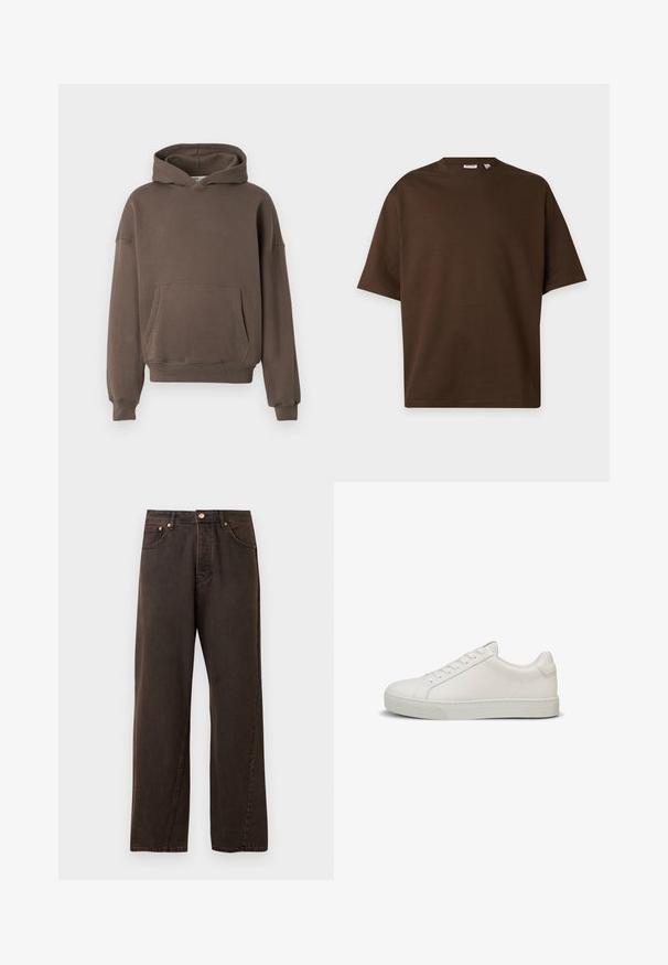 Brun hættejakke med en frontlomme, løs pasform og snor til hætten. Lavet af blødt stof, med ribkant ved ærmer og talje.; Plain brun T-shirt med korte ærmer og rund hals vist på en flad, lys grå baggrund.; Mørkebrun denimjeans med lige ben-design, der har fem lommer, en kobberknap og subtile syninger.; Hvide lædersneakers med en glat tekstur, rundet tå, snørelukning med seks huller og en tyk gummisål. Minimalistisk design med diskrete syninger.
