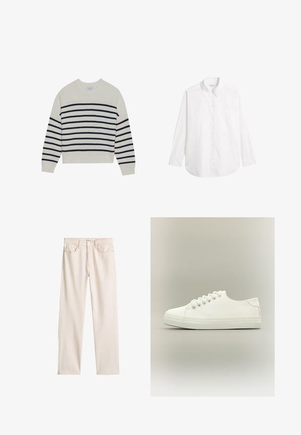 Pull créme avec des rayures horizontales navy, texture côtelée, col rond et manches longues. Coupe décontractée avec un design court.; Chemise blanche à manches longues en coton. Présente un col classique, des manches longues et une poche sur le côté gauche. Texture lisse, sans motifs.; Jean droit couleur blanc cassé avec bouton à l'avant, fermeture éclair, passants pour ceinture et design à cinq poches, présenté sur un fond blanc.; Baskets basses blanches avec lacets blancs et semelle en caoutchouc, vues de côté sur un fond neutre.