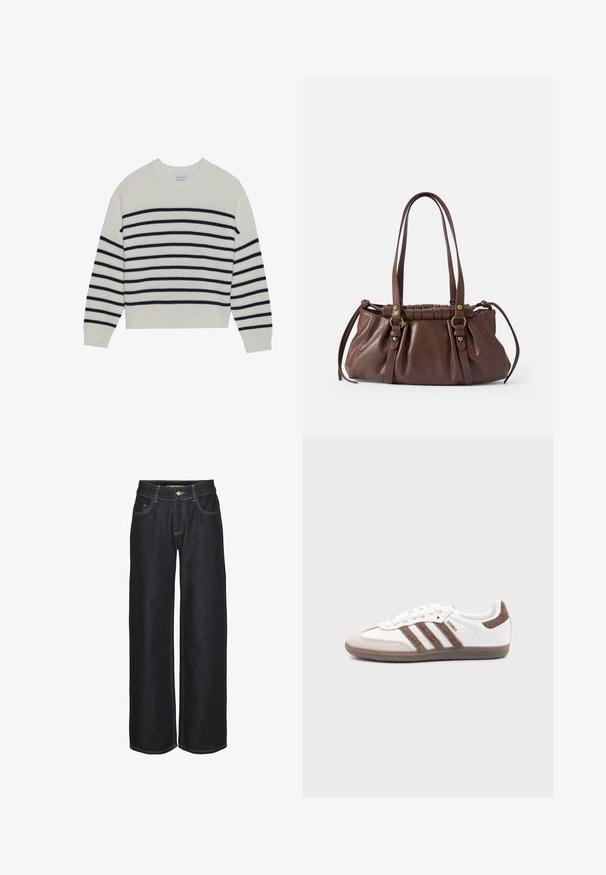 Cremefarvet sweater med marineblå vandrette striber, ribbet tekstur, rund halsudskæring og lange ærmer. Løs pasform med cropped design.; Mørkeblå lige ben jeans med frontlommer, bæltestropper og gule kontrastsyninger, vist på en hvid baggrund.; Hvid Adidas Samba sneaker med brune ruskindstriber, brun gummisål og beige ruskindståhætte, vist fra ydersiden på en ensfarvet baggrund.; Brun læderhåndtaske med to lange håndtag, samlet design, aksenter i guldtonet metal og en tekstureret overflade.