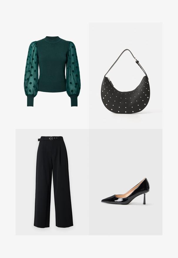 Grøn ribbet sweater med høj hals og gennemsigtige puffærmer prydet med sorte polka-dots. En tætsiddende kant og manchetter fuldender designet.; Sorte bukser med vide ben og plisseringer, med bælte med spænde i metal og dobbelte bæltestropper. Glat stof med et rent design.; Sorte lakerede stiletto højhælede sko med spids tå og slank midt-høj stiletho hæl på hvid baggrund.; Sort læderhåndtaske med en buet form, prydet med sølvfarvede nitter, med lynlåslukning og et enkelt justerbart strop.