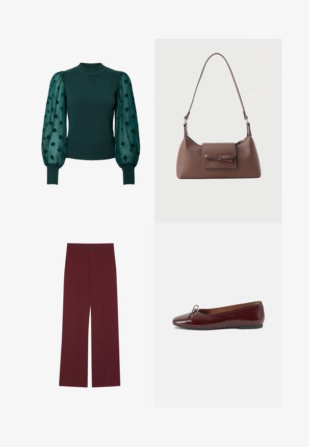 Grøn ribbet sweater med høj hals og gennemsigtige puffærmer prydet med sorte polka-dots. En tætsiddende kant og manchetter fuldender designet.; Bordeauxbukser med bred ben-design, der har en knaplukning, to sidelommer og plissee detaljer foran. Glat stofstruktur.; Bordeaux patentlæder balletflad med rund tå, lille sløjfeaccent foran og en lav, sort gummisål. Glat tekstur.; Brun skuldertaske i læder med en frontlomme med klap, der har en sydd sløjfedetalje, og en justerbar rem.