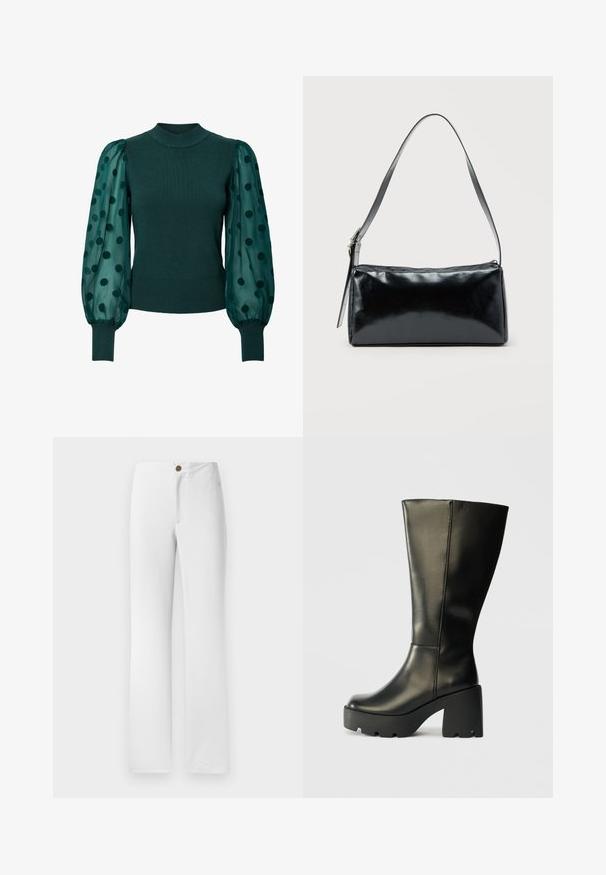 Pull vert côtelé avec un col montant et des manches bouffantes transparentes ornées de pois noirs. Un ourlet ajusté et des poignets complètent le design.; Pantalons blancs à jambes droites avec une fermeture à bouton doré, un devant plat et une texture de tissu lisse. Aucun motif ni embellissement visible.; Botte noire en cuir jusqu'au genou avec un épais talon plateforme texturé noir. Présente une surface lisse et un design vertical épuré.; Sac d'épaule rectangulaire noir avec une sangle réglable unique et une fermeture éclair supérieure sur un fond uni.