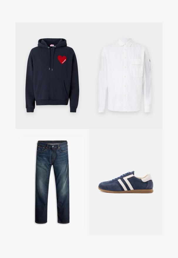Hoodie bleu marine foncé avec une poche kangourou, arborant un patch en forme de cœur rouge avec le mot "FUTURE" en blanc. Fabriqué en tissu doux, coupe décontractée.; Chemise blanche en lin à manches longues avec un devant boutoné, un col pointu, une poche poitrine simple et un logo sur la manche. Texture douce.; Jean en denim bleu foncé avec un léger délavage sur les cuisses, design à cinq poches, fermeture par bouton et coutures oranges visibles sur fond blanc.; Baskets en daim bleu avec des bandes en cuir blanc, un talon beige, une semelle en gomme et des lacets bleus, présentées de profil sur fond blanc.