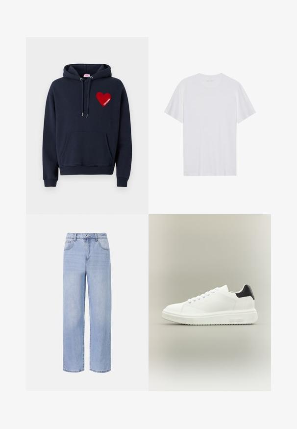 Σκούρο ναυτικό hoodie με τσέπη καγκουρό, διακοσμημένο με ένα κόκκινο μπατζάκι καρδιά με τη λέξη "ΜΕΛΛΟΝ" στα λευκά. Κατασκευασμένο από μαλακό ύφασμα, σε χαλαρή εφαρμογή.; Λευκό βαμβακερό T-shirt με κοντά μανίκια, στρογγυλή λαιμόκοψη και λεία υφή. Διαθέτει μινιμαλιστική επωνυμία στη λαιμόκοψη.; Ανοιχτό μπλε τζιν παντελόνι με χαλαρή, φαρδιά γραμμή. Περιλαμβάνει πέντε τσέπες, κλείσιμο με κουμπί μπροστά και διακριτική φθορά.; Άσπρο χαμηλό sneaker με παχιά σόλα, κλείσιμο με κορδόνια μπροστά και μαύρη λουρίδα στη φτέρνα, με σήμανση "Steve Madden" στη πλευρική σόλα.