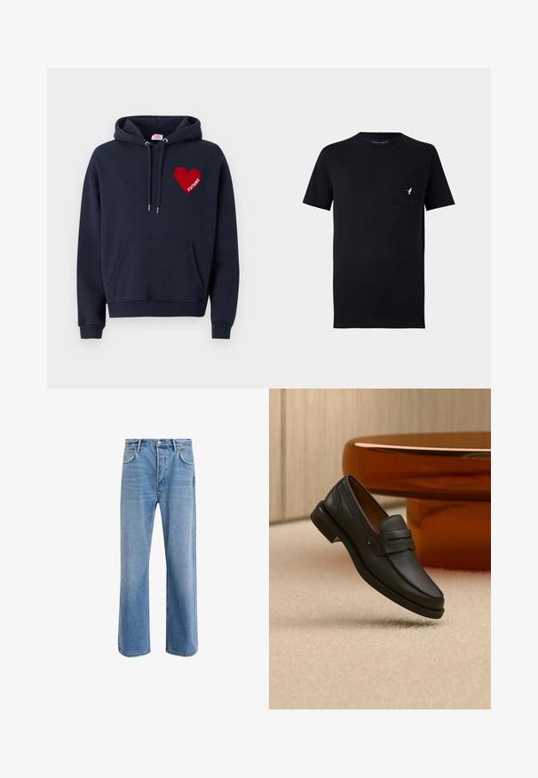 Σκούρο ναυτικό hoodie με τσέπη καγκουρό, διακοσμημένο με ένα κόκκινο μπατζάκι καρδιά με τη λέξη "ΜΕΛΛΟΝ" στα λευκά. Κατασκευασμένο από μαλακό ύφασμα, σε χαλαρή εφαρμογή.; Μαύρη βαμβακερή μπλούζα με κοντά μανίκια, στρογγυλή λαιμόκοψη και μπροστινή τσέπη με ένα μικρό λευκό λογότυπο που απεικονίζει ένα πουλί. Απαλή υφή και απλός σχεδιασμός.; Ανοιχτό μπλε τζιν παντελόνι με ευθεία γραμμή, πέντε τσέπες, κλείσιμο με κουμπί, ελάχιστη φθορά και αντίθετες ραφές.; Μαύρο δερμάτινο μοκασίνι ανδρικό με λουρίδα στην κορυφή, παρουσιασμένο σε μπεζ χαλί κοντά σε ένα καφέ μοντέρνο στρογγυλό τραπέζι.