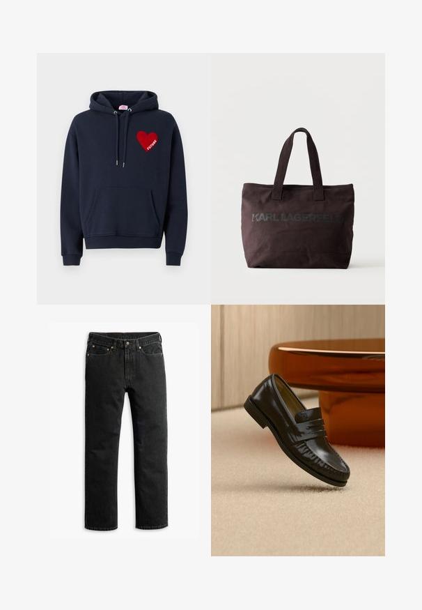 Hoodie bleu marine foncé avec une poche kangourou, arborant un patch en forme de cœur rouge avec le mot "FUTURE" en blanc. Fabriqué en tissu doux, coupe décontractée.; Jean en denim noir à jambe droite avec cinq poches, passants de ceinture et fermeture par bouton à la taille, disposé à plat sur un fond blanc.; Mocassin en cuir noir brillant avec un détail de bride, posé sur un tapis beige près d'une table basse ronde en bois brun dans une pièce doucement éclairée.; Sac cabas marron foncé avec deux poignées et logo « Karl Lagerfeld » imprimé sur le devant sur un fond clair uni.