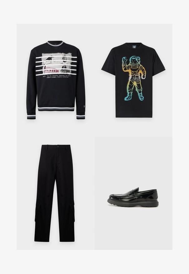 Sweat-shirt noir à col rond avec des rayures blanches sur le col, les poignets et l'ourlet, arborant un personnage de dessin animé usé et le texte "BUSTED".; T-shirt noir avec un graphisme multicolore représentant un astronaute rayé levant une main en signe de salutation.; Pantalon cargo noir droit avec passants de ceinture, bouton frontal, fermeture éclair et poches à rabat sur chaque cuisse.; Mocassin en cuir noir avec une finition brillante, bout arrondi, détails de couture subtils et semelle en caoutchouc épaisse pour la durabilité.