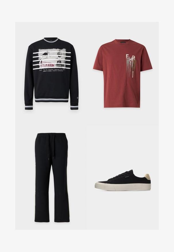 Sweat-shirt noir à col rond avec des rayures blanches sur le col, les poignets et l'ourlet, arborant un personnage de dessin animé usé et le texte "BUSTED".; T-shirt rouge rouille à manches courtes avec un motif de texte vertical multicolore "EMPORIO ARMANI" sur le côté gauche de la poitrine.; Pantalon de jogging noir à coupe droite avec taille élastique et cordons noirs, présenté sur un fond gris clair uni.; Baskets basses noires avec languette beige au talon, semelle en caoutchouc blanche épaisse, lacets noirs et petite étiquette "PS Paul Smith" sur le côté.