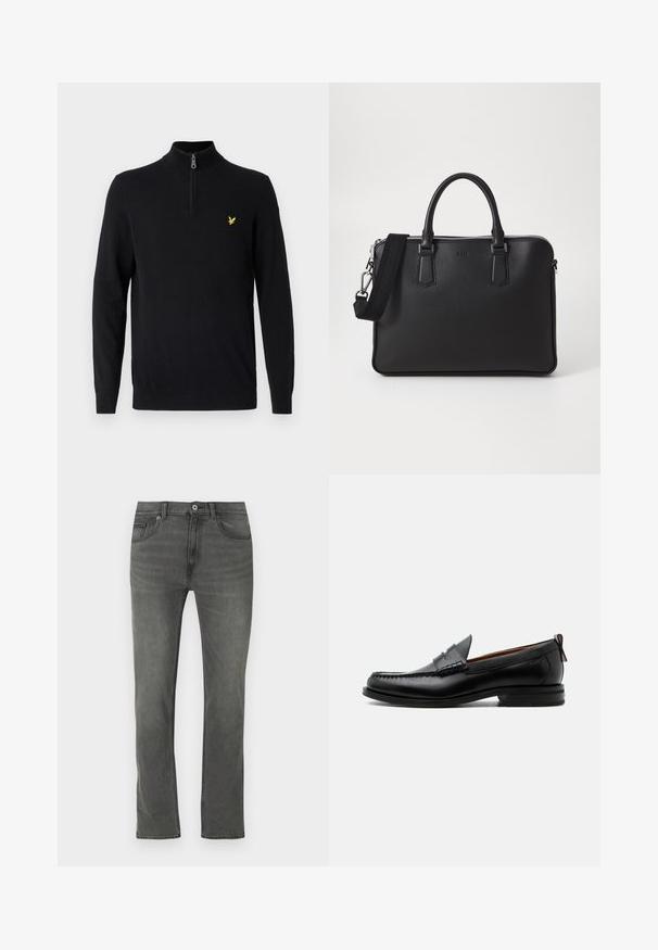 Sort zip-hals sweater lavet af et glat stof, med lange ærmer og et lille gult logo på venstre bryst.; Grå denimjeans med lige snit, fem lommer og lukning med knapper foran. Stoffet har en subtil tekstur med en let falmet effekt.; Sort læder herre loafer med moc-tå syning, penny strop, struktureret krave og lav stablet hæl på hvid baggrund.; Sort lædertaske med struktureret overflade, doble håndtag og en aftagelig skulderrem. Har sølvfarvede lynlåse og minimalistiske designelementer.