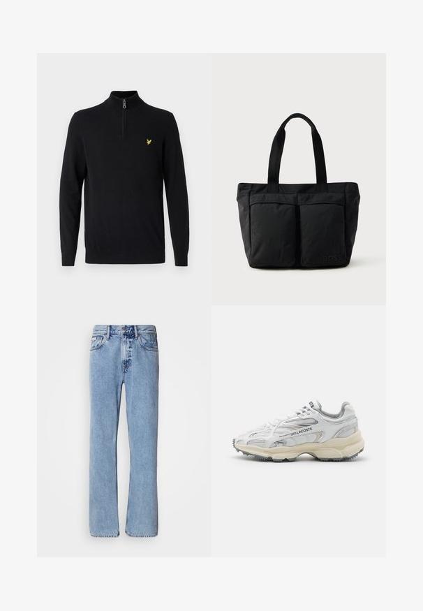 Sort zip-hals sweater lavet af et glat stof, med lange ærmer og et lille gult logo på venstre bryst.; Lyseblå denimjeans med lige ben design, fem lommer og knaplukning. Syninger nær lommer og talje.; Hvide sportssko med grå detaljer, overdel i mesh og syntetiske materialer, snørebåndsdesign og tekstureret gummisål med grebemønstre.; Sort tote bag med blødt stof, to forlommer og robuste håndtag. Logo vist på siden. Enkel, funktionel design.