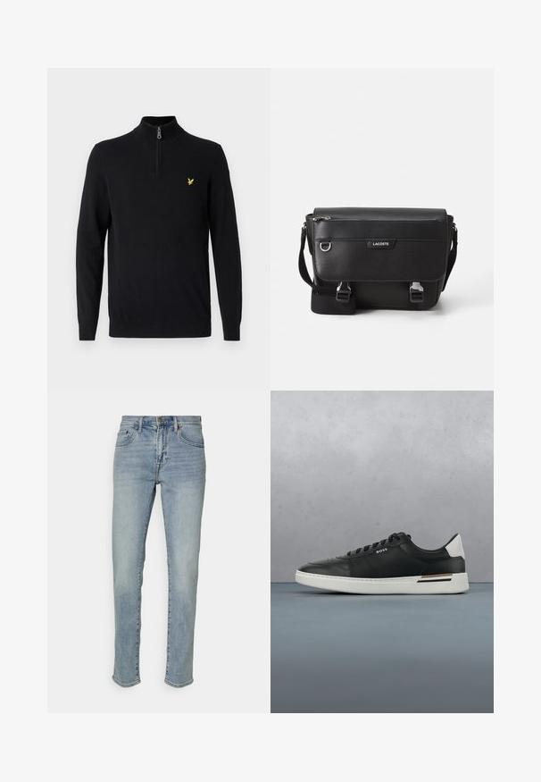 Jersey negro con cremallera en el cuello, hecho de una tela suave, con mangas largas y un pequeño logo amarillo en el pecho izquierdo.; GAP SOFT ALAMOSA - Vaqueros slim fit - light wash; Zapatilla de cuero negra con suela blanca, cuenta con perforaciones, diseño de cordones, logo en el costado y detalle del talón en blanco y marrón.; Bolso mensajero Lacoste negro texturizado con correa ajustable, tapa frontal, bolsillo con cremallera y cierres de hebilla metálica.