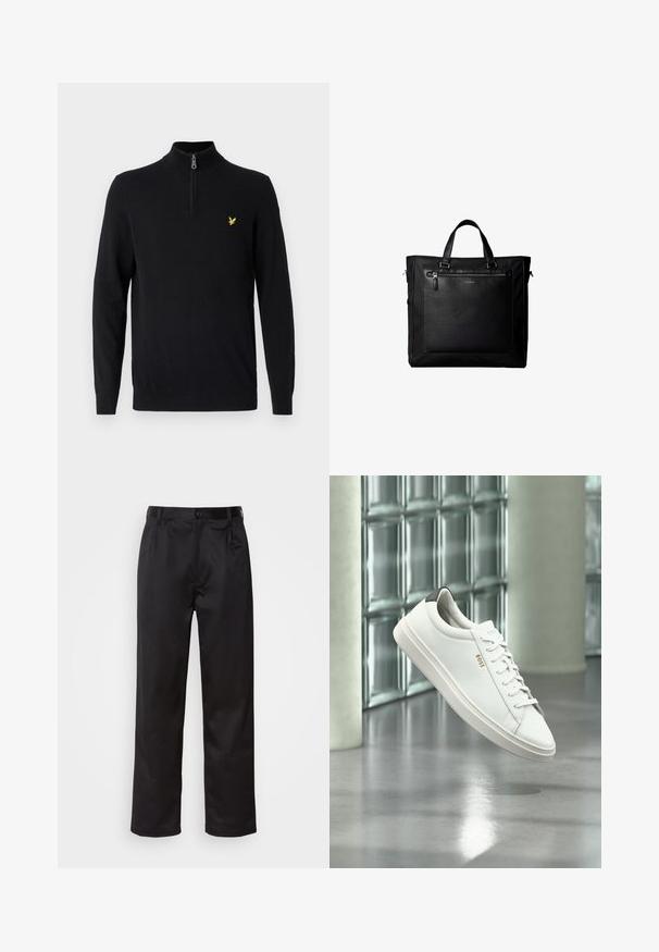 Jersey negro con cremallera en el cuello, hecho de una tela suave, con mangas largas y un pequeño logo amarillo en el pecho izquierdo.; Pantalones negros de tela suave, con cierre delantero de botón, pliegues y patas rectas. Sin patrones ni acentos visibles.; Zapatilla deportiva de piel blanca de corte bajo con cordones, lengüeta negra en el talón y logo "BOSS", flotando en interiores cerca de una pared de bloques de vidrio y suelo pulido.; Bolsa tote negra con asas dobles, gran bolsillo delantero de cuero con cremallera y sutil logo de Calvin Klein en el centro del bolsillo.
