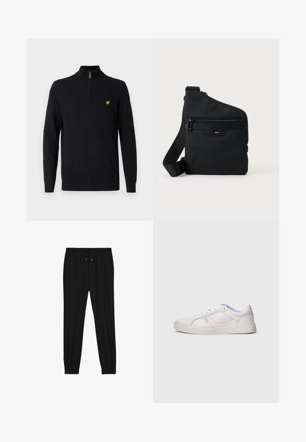 Zwarte zip-trui gemaakt van een gladde stof, met lange mouwen en een klein geel logo op de linker borst.; Zwarte joggingbroek gemaakt van zachte stof. Voorzien van een elastische tailleband met trekkoord, twee voorke pockets en ritsen bij de enkels voor gemakkelijk aan en uit trekken.; Witte lage sneaker met veters, gestikte details en "BOSS"-branding aan de zijkant en op de zool, gezien vanaf de buitenzijde.; Compacte zwarte crossbodytas met gestructureerde stof, voorvak met ritssluiting, en merkriem en logo op het voorpaneel.