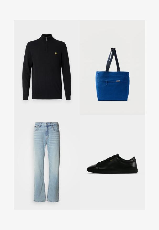 Pull noir à col zippé en tissu lisse, doté de manches longues et d'un petit logo jaune sur la poitrine gauche.; Jeans en denim bleu clair avec une coupe droite, dotés de cinq poches, d'une fermeture à bouton et d'une légère décoloration sur le tissu.; Baskets basses en cuir noir avec lacets noirs, semelle plate et petit logo doré "BOSS" sur le côté.; Sac fourre-tout en toile bleue avec une poche zippée à l'avant, des doubles bretelles et une forme rectangulaire. Dispose d'une étiquette de marque discrète.