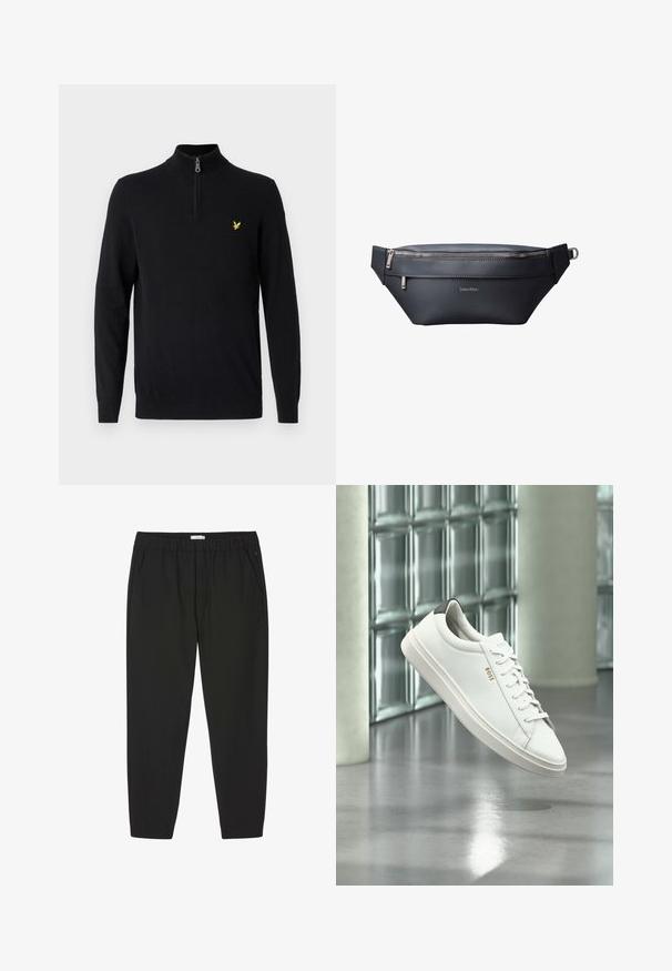 Sort zip-hals sweater lavet af et glat stof, med lange ærmer og et lille gult logo på venstre bryst.; Sorte bukser med elastisk talje, lige ben og sidelommer, designet til afslappet eller professionel brug.; Hvid læder lav-top sneaker med snørebånd, sort hælflig og "BOSS"-logo, svævende indendørs nær glasblok væg og poleret gulv.; Sort læder Calvind Klein bæltetaske med to lynlåslommer og justerbar rem med metalspænde.