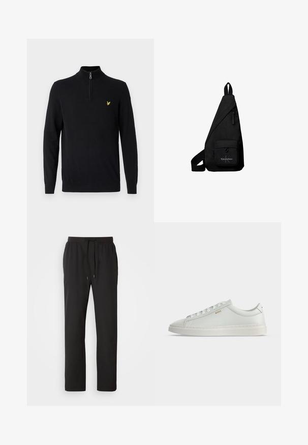 Zwarte zip-trui gemaakt van een gladde stof, met lange mouwen en een klein geel logo op de linker borst.; Zwarte joggingbroeken van lichtgewicht stof, met een elastische tailleband en verstelbare trekkoorden, evenals zijzakken. Soepele textuur.; Witte lage leren sneaker met veters, platte zool en klein gouden "BOSS" logo aan de zijkant, gezien vanaf de buitenkant.; Zwarte driehoekige crossbodytas met voorvak met rits met Calvin Klein-logo en verstelbare band.