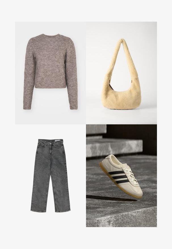 Lys brun, cropped sweater med lange ærmer, rund halsudskæring og et struktureret strikstof. Ingen synlige mønstre eller hardwaredetaljer.; Højtaljede sorte vasket lige ben jeans med forlommer, bæltestropper, knaplukning og et mærkets indre taljeband.; Hvid sneaker med sorte striber og gummisål svæver over betontrapper i blødt dagslys.; Beige shearling skuldertaske med et buet håndtag og en afrundet form. Teksturen er blød og fyldig, med minimale hardware-details.