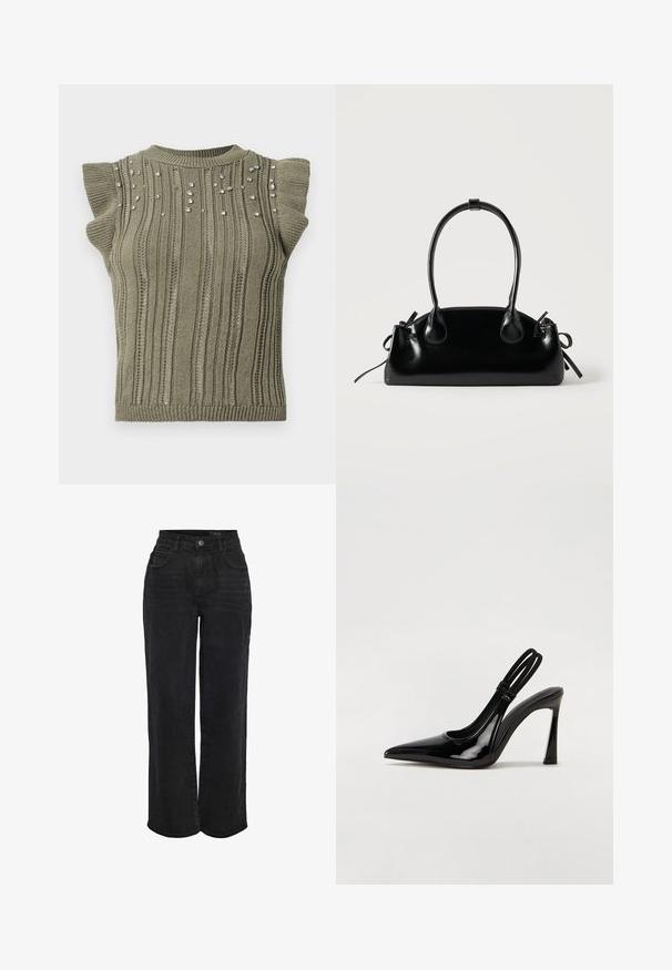 Top en tricot kaki avec texture côtelée, manches courtes à volants et accents de gemmes dispersés sur le devant. Encolure ras du cou et silhouette ajustée.; Jean en denim noir taille haute avec jambes droites, bouton frontal et design à cinq poches.; Escarpin en cuir verni noir à talon aiguille, à bout pointu, avec une sangle élastique double pour un maintien sécurisé. Surface lisse et brillante.; Petit sac à main noir brillant avec deux longues anses et des détails à cordon sur les côtés sur un fond clair uni.