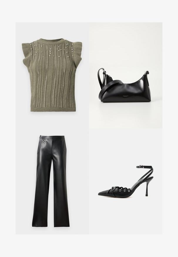 Top en tricot kaki avec texture côtelée, manches courtes à volants et accents de gemmes dispersés sur le devant. Encolure ras du cou et silhouette ajustée.; Pantalons larges en cuir noir avec une texture lisse, poches avant et fermeture éclair. Présente un design épuré et minimaliste.; Chaussure à talon haut noire à bout pointu, bords festonnés, œillets métalliques, lacets à l'avant et bride de cheville avec fermeture à boucle.; Sac à main en cuir noir avec une texture lisse. Dispose d'une bandoulière adjustable et d'un design élégant et minimaliste avec une fermeture éclair.