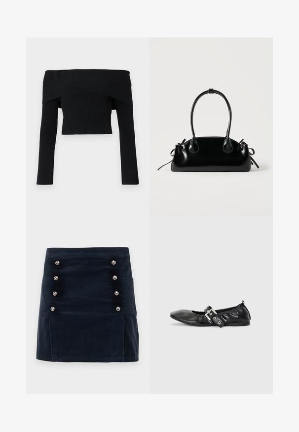 Sort, off-the-shoulder, ribbet jumper med lange ærmer; cropped design og tekstureret stof. Ingen dekorationer eller mønstre.; Marineblå corduroy nederdel med lige pasform, fem metalliske knapper foran og to sidelommer for funktionalitet.; Sorte læder flade sko med spids tå, samling detaljer omkring åbningen, og en sølv spænde accent på den justerbare rem.; Lille sort blank håndtaske med to lange håndtag og snøre-detaljer i siden på en ensfarvet lys baggrund.